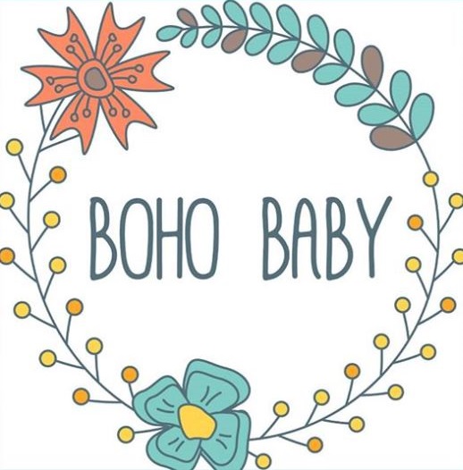 the words "boho baby" in a circle of leaves and flowers