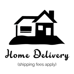 black and white illustration of a house with the words "Home Delivery" written in black cursive lettering underneath