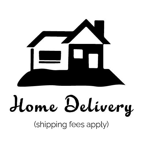 black and white illustration of a house with the words "Home Delivery" written in black cursive lettering underneath