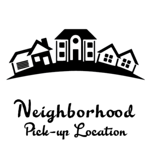 black and white illustration of a street full of houses with the words "Neighborhood" written in black cursive lettering underneath