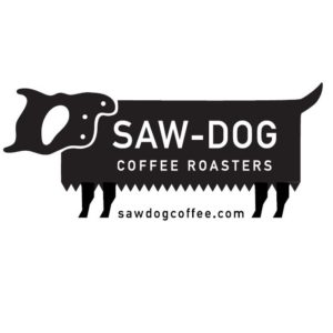Saw-Dog coffee roasters logo featuring a saw overlaid with a dog and white text