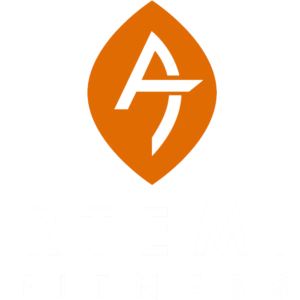 Artemis Fitness logo featuring white text and an orange shape