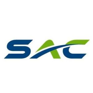 SAC logo featuring blue and green lettering