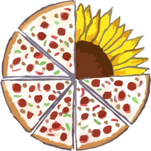 illustration of a pepperoni pizza with a sunflower