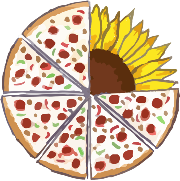 illustration of a pepperoni pizza with a sunflower