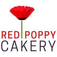 Red Poppy Cakery logo featuring a red poppy and red and brown text on white background